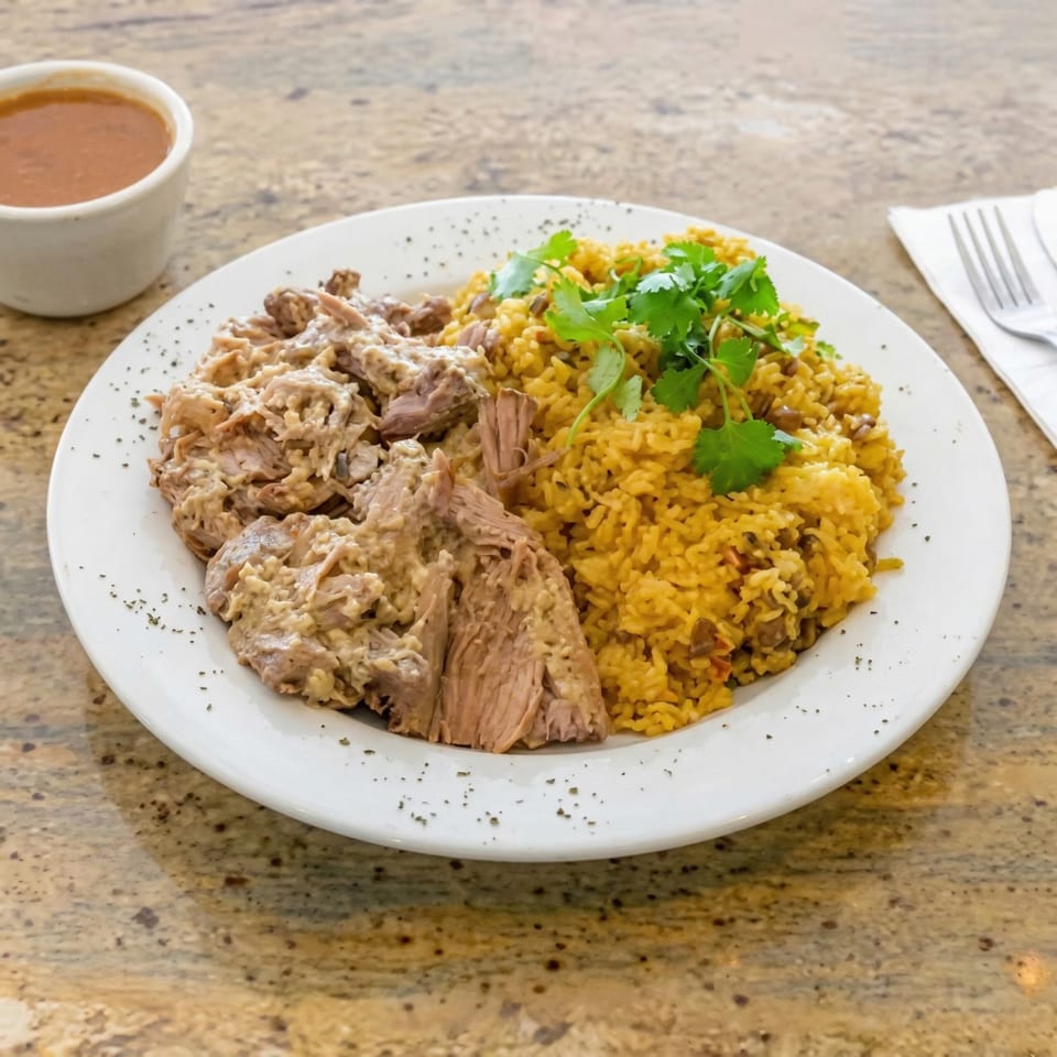 Amore Sabores catering dish with yellow rice, cilantro, and shredded meat in sauce, with a side of gravy.